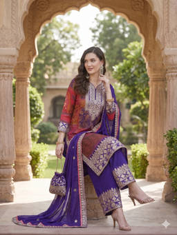 SERONA FABRICS - Purple Embroidered Round Neck Kurta Pant with Dupatta