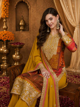 SERONA FABRICS - Yellow Embroidered Round Neck Kurta Pant with Dupatta
