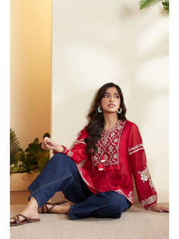 Biba - Red Embroidered Round Neck Tunic
