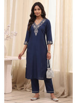 Biba - Blue Embroidered V-Neck Kurta
