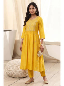 Biba - Yellow Embroidered Round Neck Kurta
