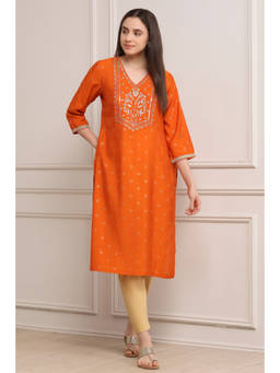Biba - Orange Embroidered V-Neck Kurta