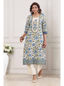 Biba - Blue Floral Round Neck Kurta