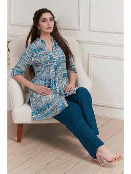 Biba - Teal Printed Mandarin Neck Kurti