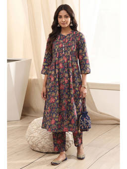 Biba - Blue Floral Mandarin Neck Kurta