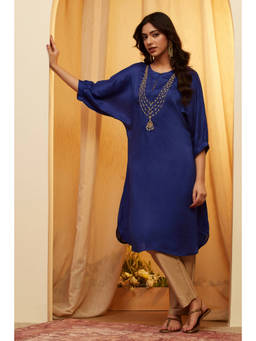 Biba - Blue Embroidered Round Neck Kurta