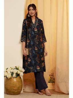 Biba - Blue Floral V-Neck Kurta
