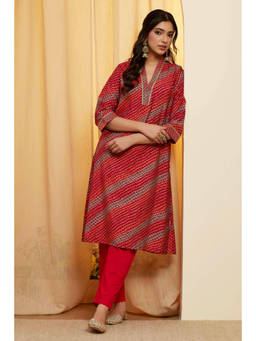 Biba - Red Stripes V-Neck Kurta