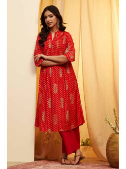 Biba - Red Printed Mandarin Neck Kurta