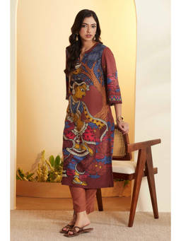 Biba - Brown Printed Mandarin Neck Kurta