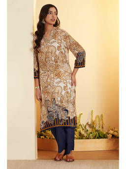 Biba - Blue Floral V-Neck Kurta