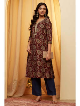 Biba - Maroon Floral V-Neck Kurta