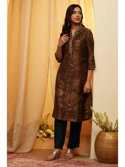 Biba - Brown Floral Mandarin Neck Kurta