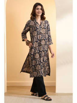 Biba - Black Floral V-Neck Kurta