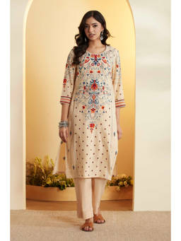 Biba - Beige Floral Round Neck Kurta