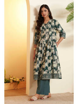 Biba - Green Floral Mandarin Neck Kurta