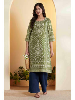 Biba - Green Floral Round Neck Kurta
