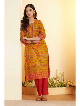 Biba - Yellow Floral Round Neck Kurta