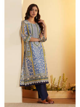Biba - Blue Floral Round Neck Kurta