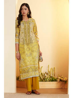 Biba - Yellow Floral Round Neck Kurta