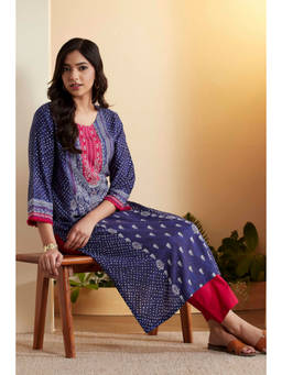Biba - Blue Printed Round Neck Kurta