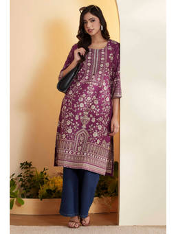 Biba - Purple Floral Round Neck Kurta