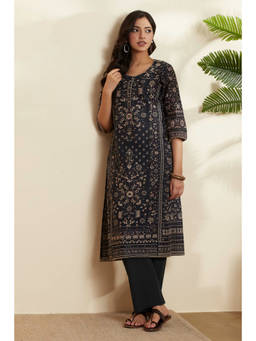 Biba - Black Floral Round Neck Kurta
