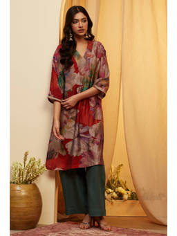 Biba - Brown Floral V-Neck Kurta