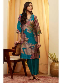 Biba - Turquoise Floral V-Neck Kurta