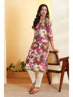 Biba - Multi-Color Floral Round Neck Kurta