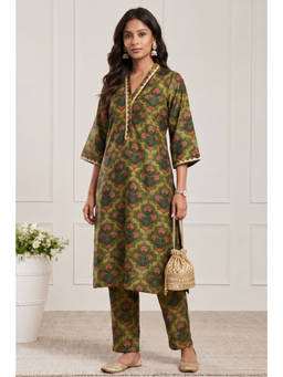 Biba - Green Floral V-Neck Kurta & Pant