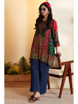Biba - Green Floral Collar Neck Kurti