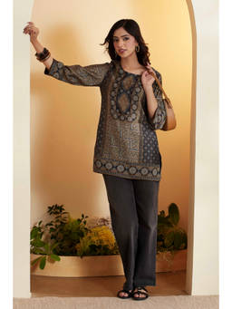 Biba - Blue Printed Round Neck Tunic