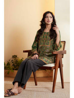 Biba - Green Printed Round Neck Tunic