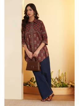 Biba - Brown Floral Collar Neck Kurti