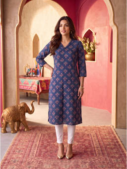 Rangita - Blue Floral V-Neck Kurta