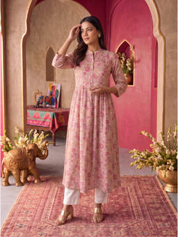 Rangita - Pink Floral Mandarin Neck Kurta