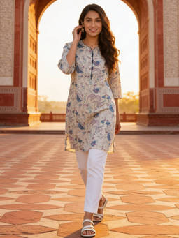 Rangita - Blue Floral Round Neck Kurti