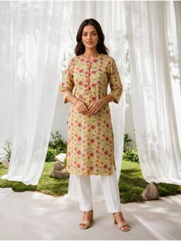 Rangita - Yellow Floral Round Neck Kurta