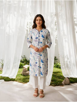 Rangita - Blue Floral Round Neck Kurta