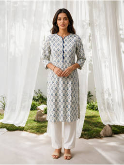 Rangita - Blue Floral Round Neck Kurta