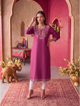 Rangita - Pink Embroidered Round Neck Kurta