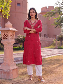 Rangita - Pink Embroidered V-Neck Kurta