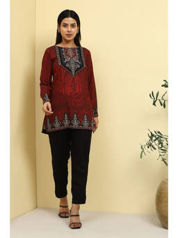Biba - Maroon Printed Round Neck Kurti