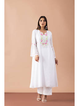 Fibre world - White Self Design Round Neck Kurta & Pant