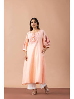 Fibre world - Peach Self Design Round Neck Kurta & Pant