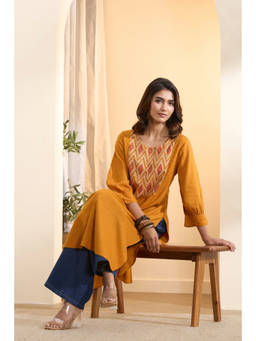 Biba - Yellow Printed Round Neck Kurta
