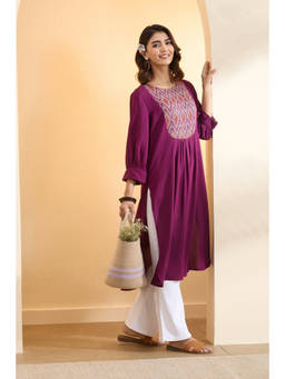 Biba - Purple Printed Round Neck Kurta