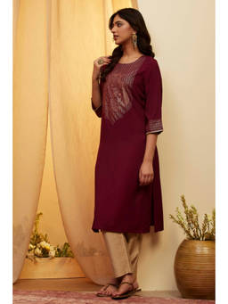 Biba - Purple Printed Round Neck Kurta