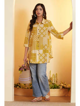 Biba - Yellow Printed Collar Neck Kurti